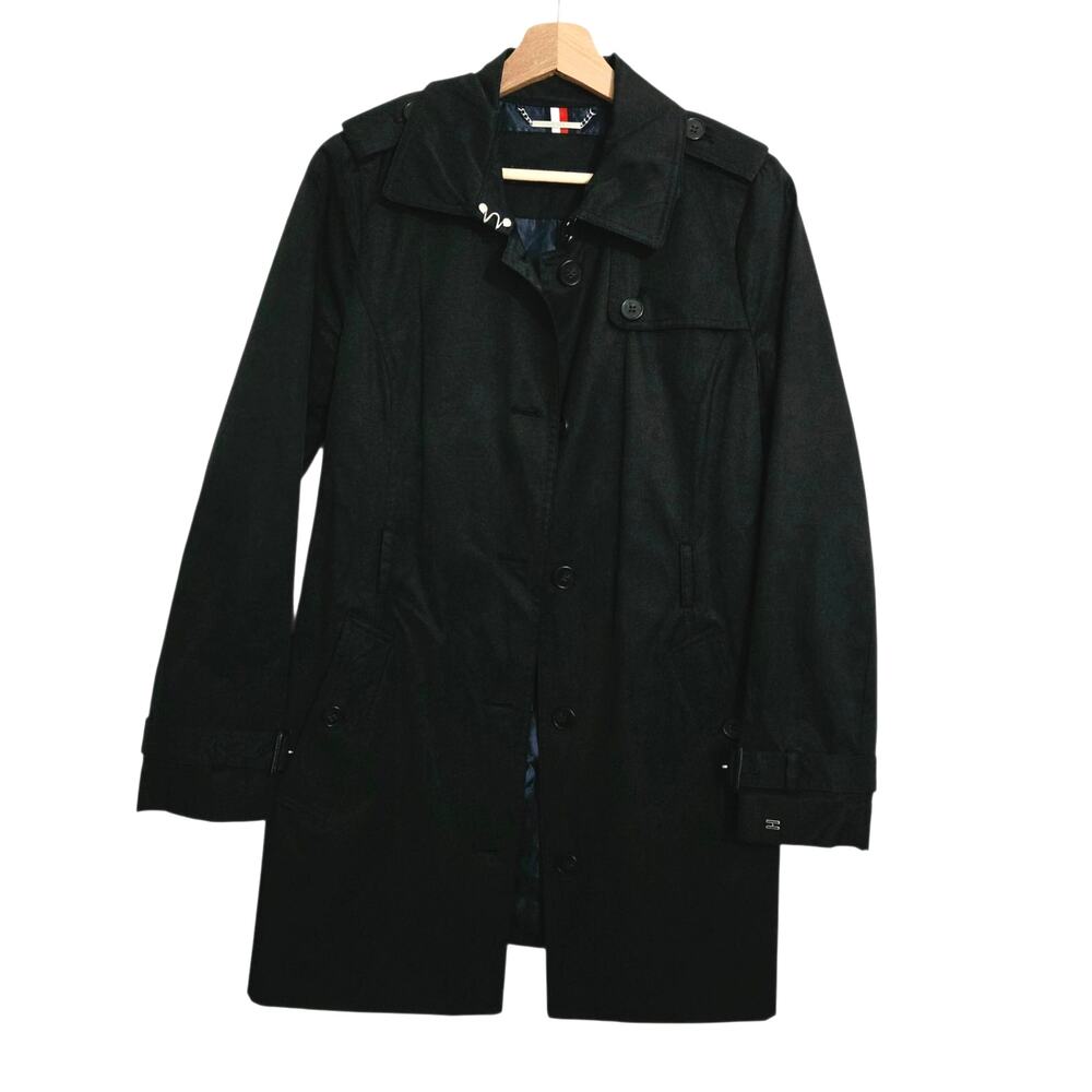Tommy Hilfiger Black Cotton-Poly Mid-Thigh Trench Coat Stand Collar XL NO BELT!
